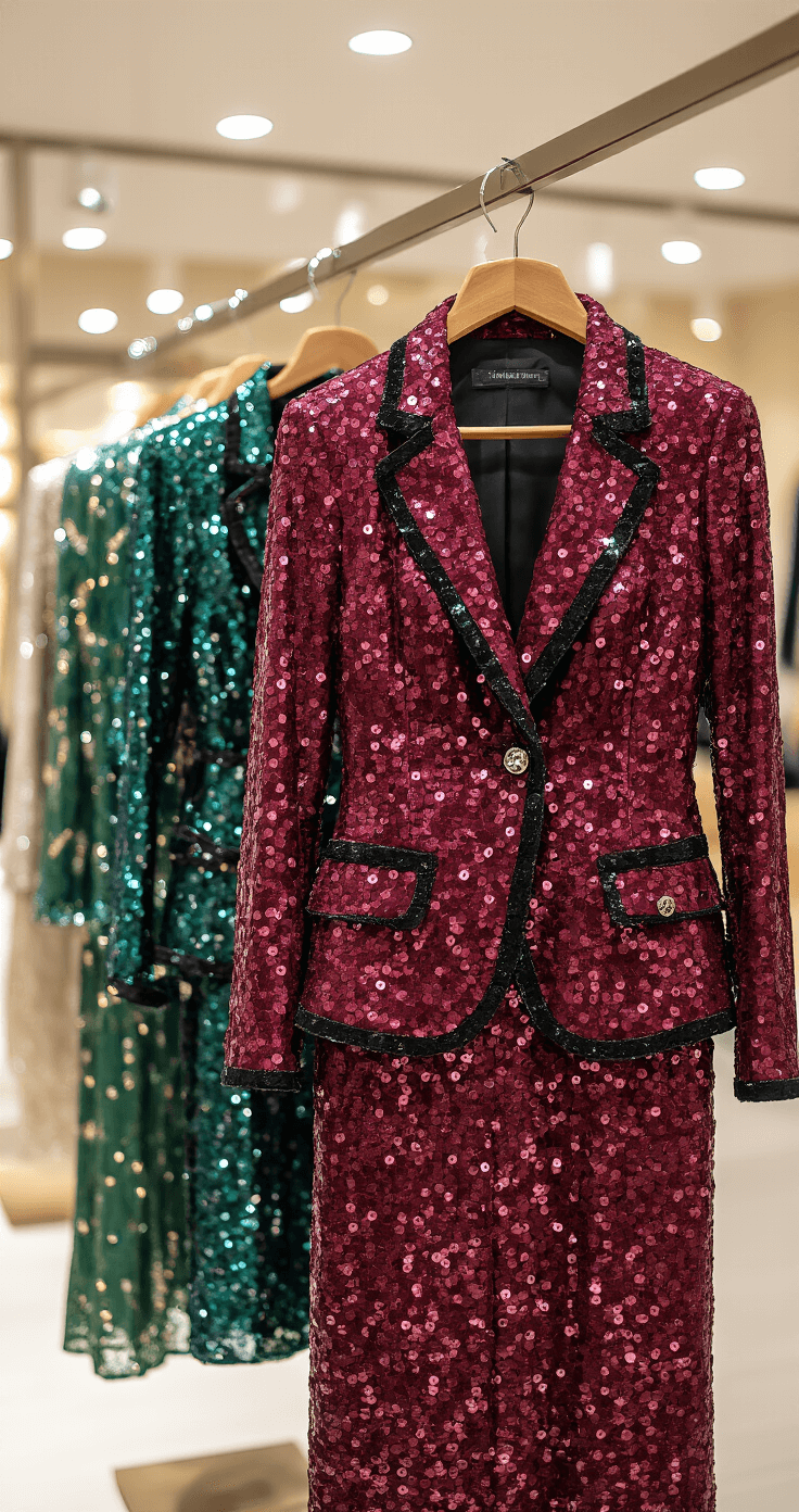 Rock That Sequin Blazer Dress: Your Ultimate Style Guide for Show-Stopping Glamour Luxury department store private shopping suite featuring a burgundy sequin blazer dress with black trim on a premium wooden hanger, styled with designer accessories. Soft overhead lighting enhances the sequin texture, with a shallow depth of field emphasizing craftsmanship.