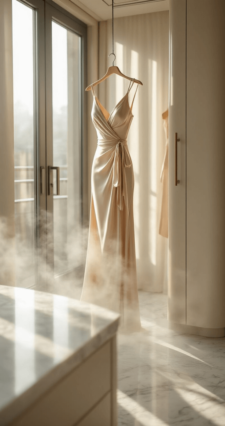 The Ultimate Guide to Styling a Champagne Satin Wrap Dress: From Day to Night Close-up of a mid-calf champagne satin dress with an adjustable waist tie and true wrap construction, steam rising from it on a marble vanity, illuminated by morning light through floor-to-ceiling windows.