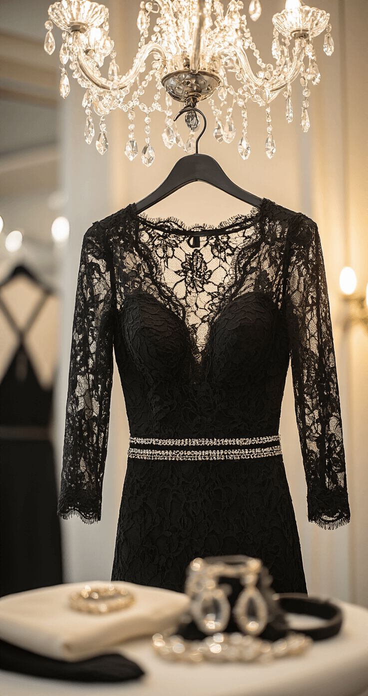 Romantic Lace Tea-Length Dresses: Your Ultimate Style Guide for 2024 Close-up of a black lace tea-length dress with intricate patterns and beading hanging in a vintage boutique fitting room, illuminated by a chandelier, with matching accessories arranged below.
