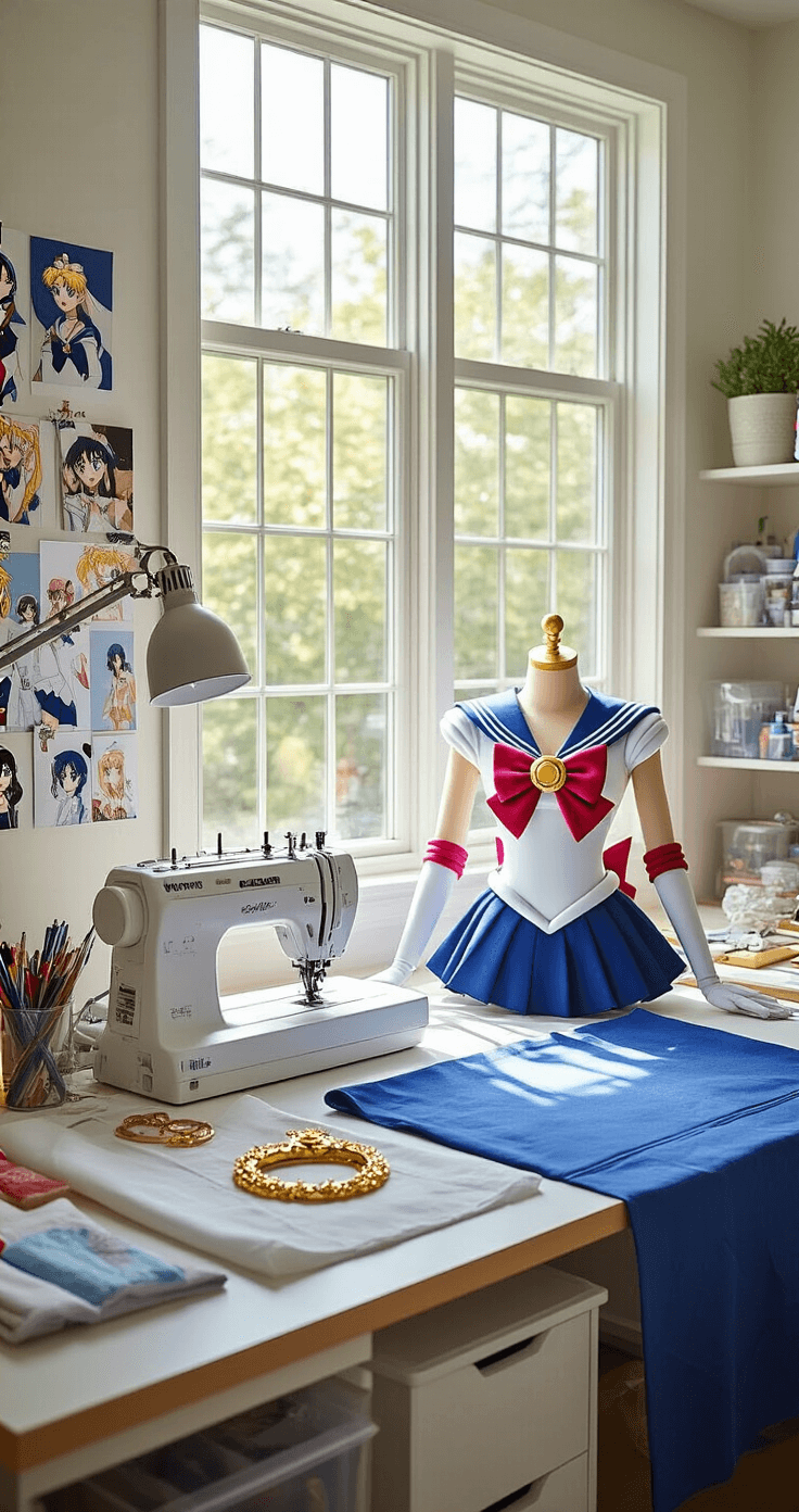 The Perfect Guide to Cosplay Fashion: Creating Show-Stopping Character Looks A bright and spacious craft room featuring large windows, showcasing a cosplay workspace with a sewing machine, organized fabric swatches, and measuring tools. A partially completed Sailor Moon costume in blue and white fabric is laid out, alongside a golden tiara and transformation brooch. The room is adorned with mood boards, character reference photos, and neatly organized crafting supplies in clear containers.