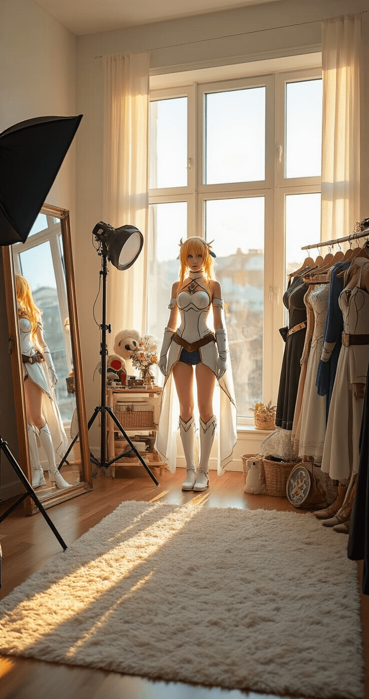 The Perfect Guide to Cosplay Fashion: Creating Show-Stopping Character Looks A bright bedroom-turned-photography studio featuring floor-to-ceiling windows with golden hour light, a full-length mirror reflecting a cosplay outfit, professional photography equipment, character reference images, a clothing rack with detailed costumes, and styled props arranged for detail shots.