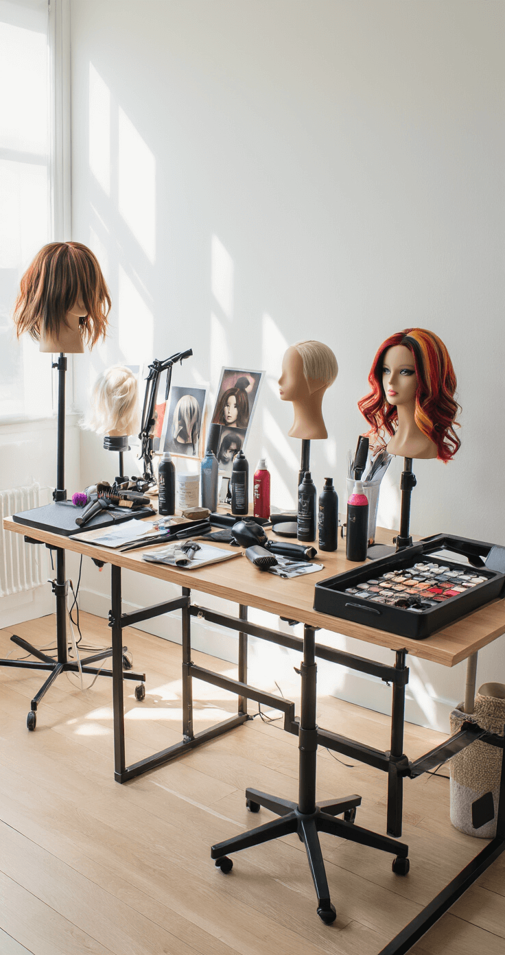 The Perfect Guide to Cosplay Fashion: Creating Show-Stopping Character Looks A minimalist home studio with white walls and wooden floors, filled with afternoon sunlight, featuring a wig-styling setup. Various wigs on stands, styling tools, and reference photos are neatly arranged, alongside organized heat-styling tools and specialized products. A beautifully styled character wig showcases intricate techniques and vibrant colors.