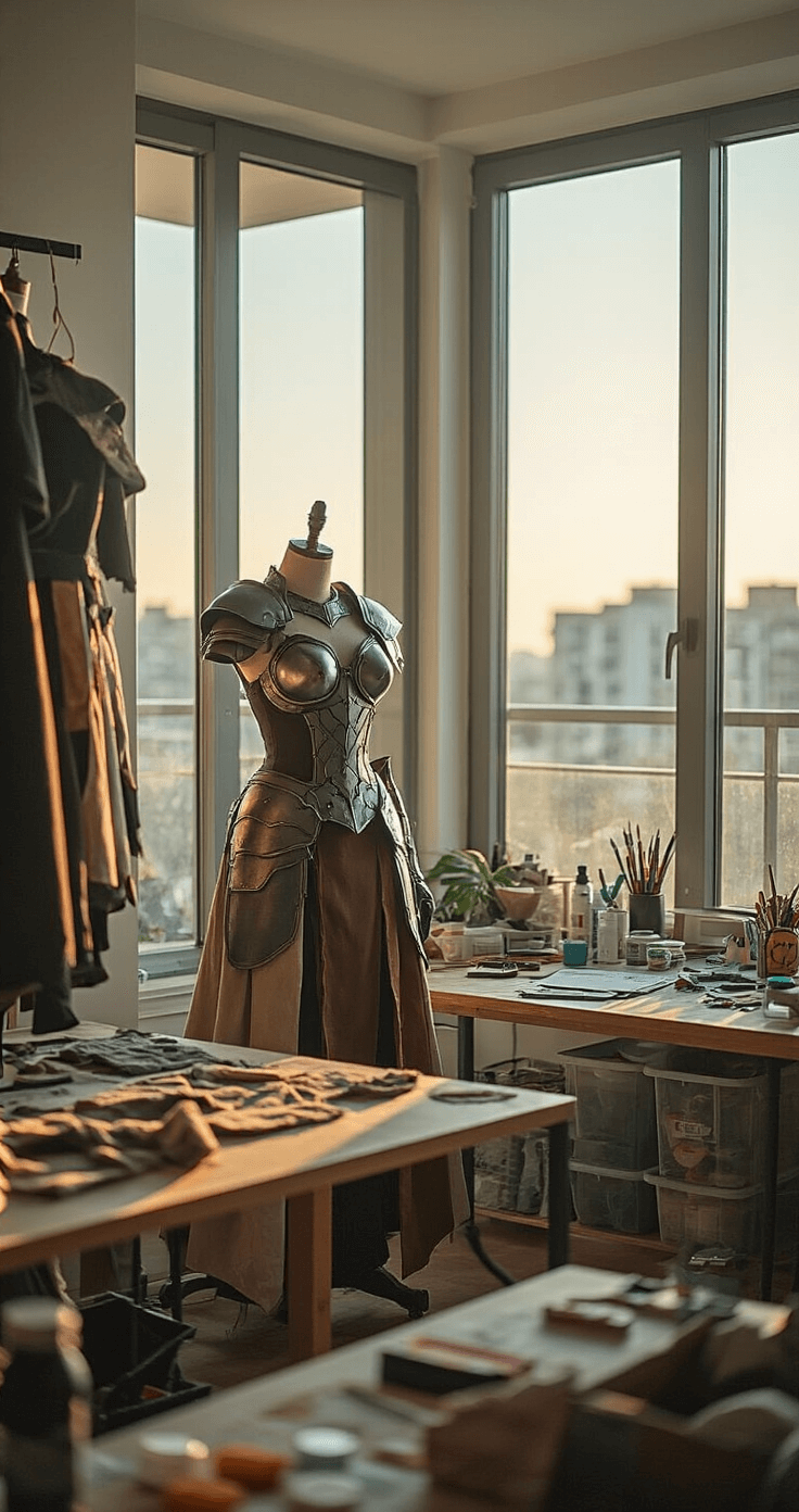 The Perfect Guide to Cosplay Fashion: Creating Show-Stopping Character Looks In a bright modern living room, late afternoon light highlights a costume fitting session featuring a dress form with intricate armor pieces. A crafting table nearby holds EVA foam, painting supplies, and reference materials, surrounded by organized storage for tools and materials.
