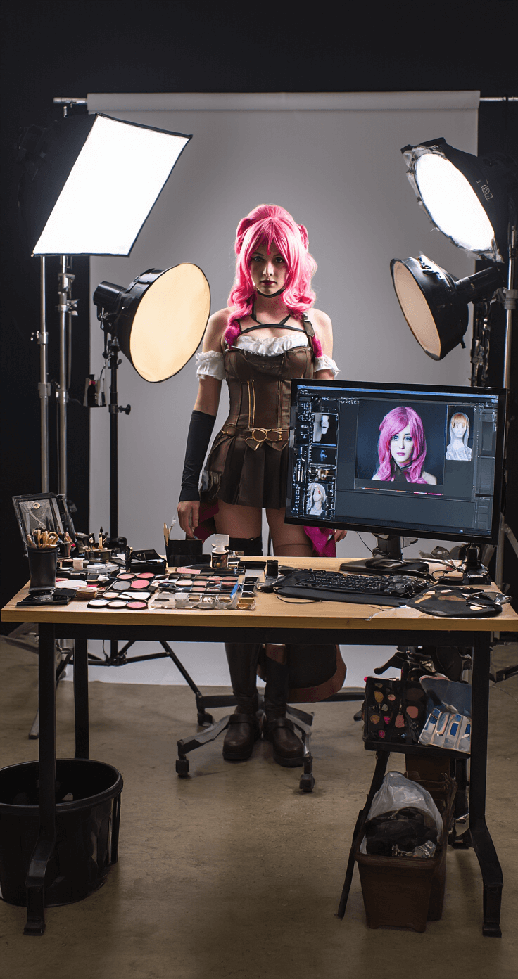 The Perfect Guide to Cosplay Fashion: Creating Show-Stopping Character Looks A professional photo studio depicting a complete character transformation in cosplay, featuring controlled lighting, backdrops, light sources, a monitoring station with test shots, and a styling station with makeup and costume repair tools.