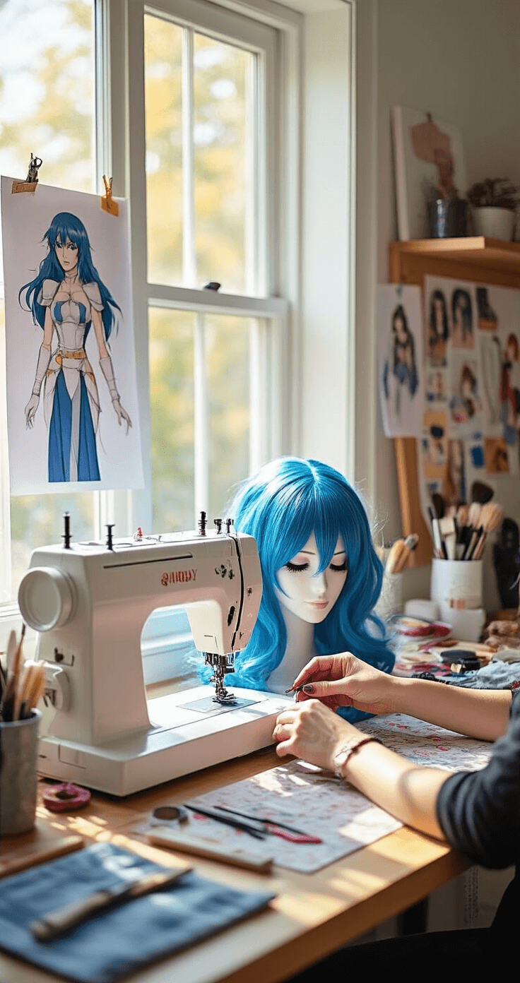 The Ultimate Guide to Creating Amazing Cosplay Outfits: From Concept to Convention A cozy home studio with a well-organized cosplay workstation, showing a craft table with a sewing machine, scissors, measuring tape, and fabric swatches. Warm light filters through windows, highlighting costume sketches on a mood board. In the foreground, hands style a vibrant blue wig with specialized tools, alongside makeup brushes and character references, captured from a 45-degree angle.