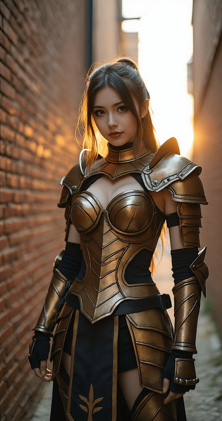 The Ultimate Guide to Creating Amazing Cosplay Outfits: From Concept to Convention A female cosplayer in an intricate anime warrior costume poses confidently in an urban alleyway during golden hour, showcasing detailed hand-sewn armor made from metallic-finished EVA foam. The scene features dramatic shadows from natural sunlight and fill lighting from a ring light, emphasizing weathering effects and battle-worn details on the costume. Shot from slightly below eye level, the image captures the craftsmanship and artistry of the outfit against exposed brick walls.