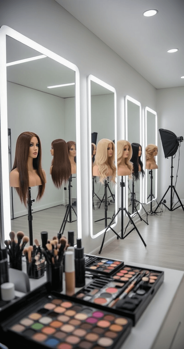 The Ultimate Guide to Creating Amazing Cosplay Outfits: From Concept to Convention A bright, minimalist dressing room features floor-to-ceiling mirrors and soft, diffused lighting, showcasing various wigs on stands and an organized display of character makeup products. Professional photography equipment, including softboxes, is reflected in the mirrors, captured in a high-angle shot.