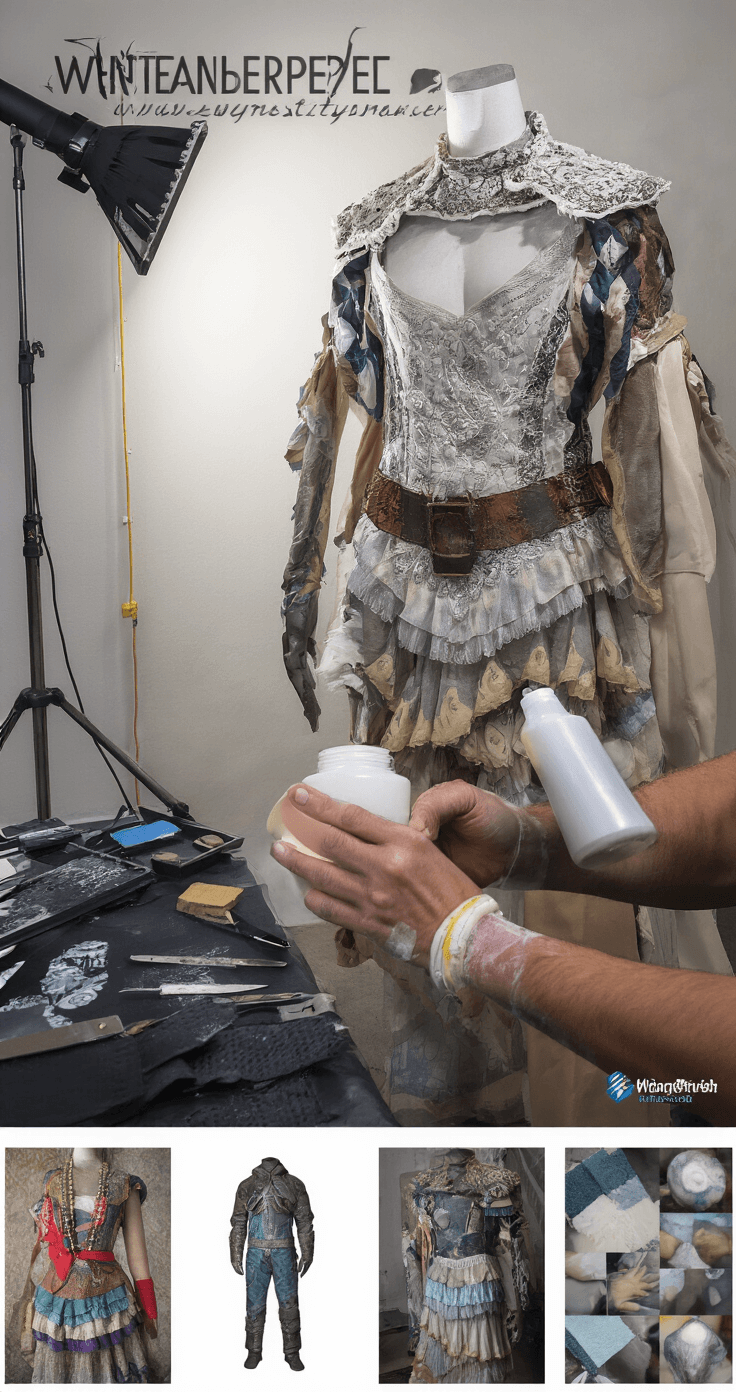 The Ultimate Guide to Creating Amazing Cosplay Outfits: From Concept to Convention Close-up of hands applying protective coating to an elaborate costume piece in a professional indoor studio, showcasing various materials and tools, detailed fabric swatches illustrating before and after treatment effects, and multiple reference images displayed in the background.