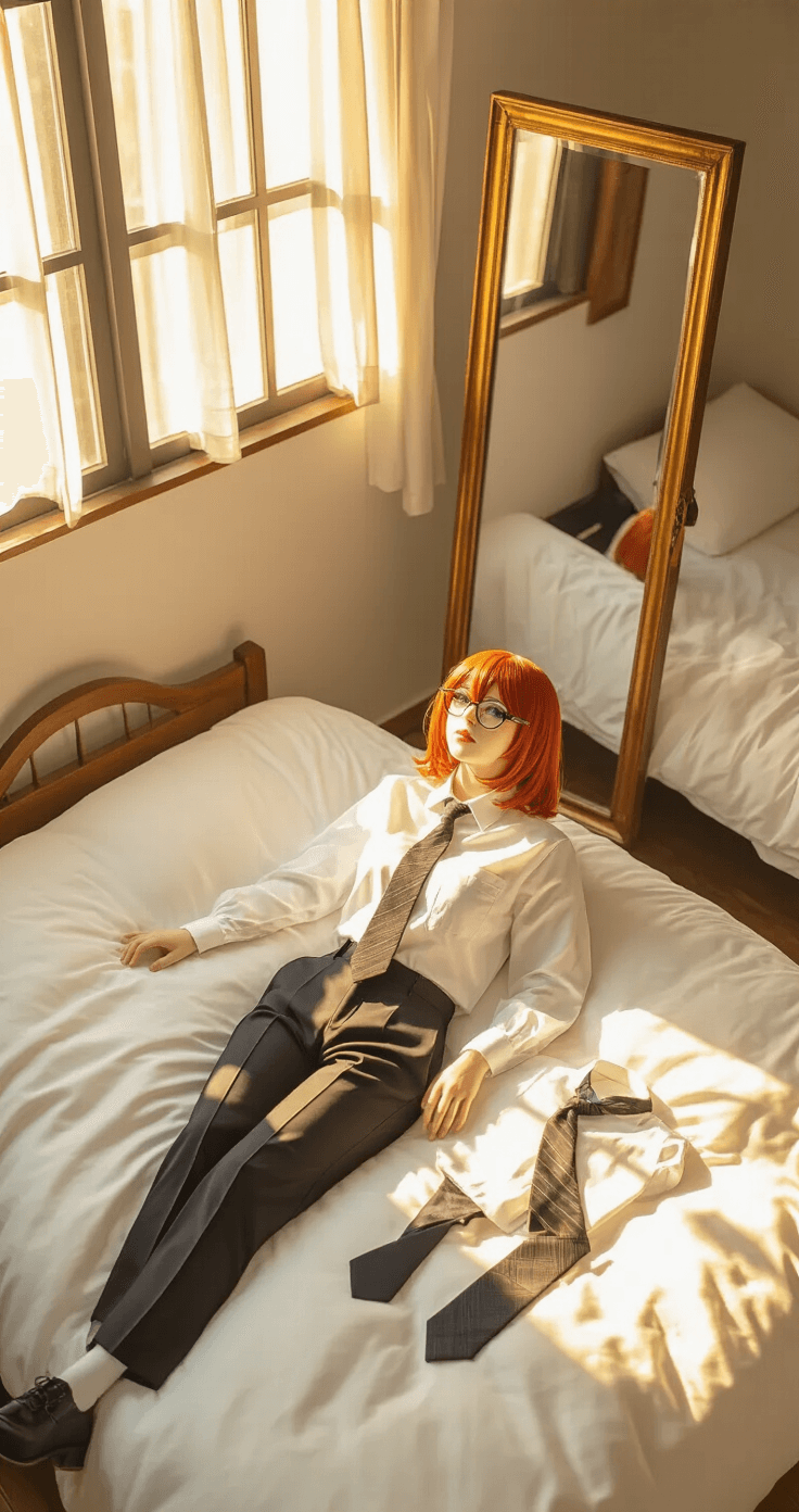 TRENDING COSPLAY IDEAS FOR 2025: YOUR ULTIMATE TO AMAZING CHARACTER TRANSFORMATIONS Aerial view of a modern apartment bedroom illuminated by golden hour light, featuring a meticulously arranged Makima cosplay on a crisp white duvet, including a pressed white button-up shirt, tailored dark slacks, vintage-style glasses, and a styled red wig on a foam head, surrounded by costume accessories and props. A large mirror reflects the warm sunlight.