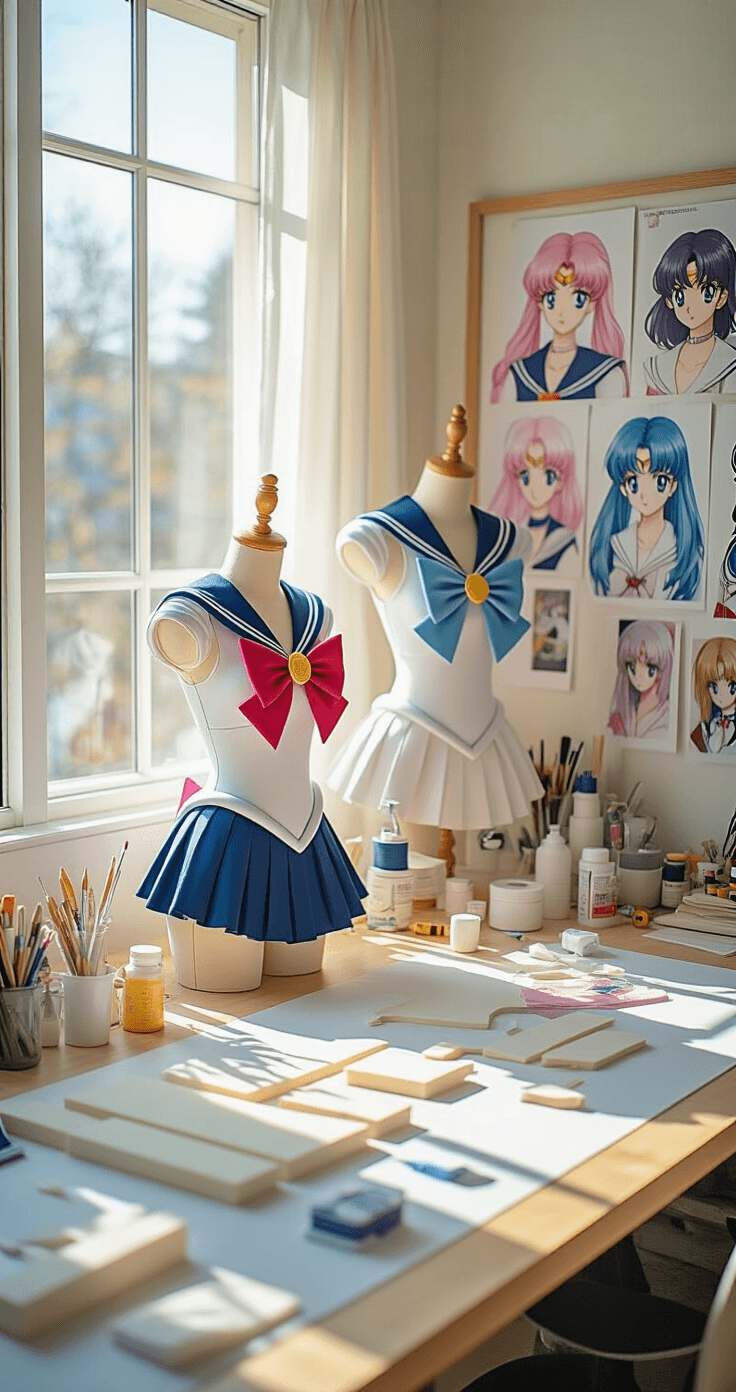 The Ultimate Guide to Anime Cosplay: From Beginner to Pro A bright cosplay workspace with natural morning light, featuring a crafting table with EVA foam pieces, paint supplies, and a half-finished Sailor Moon prop. A dress form displays a partially completed sailor uniform, surrounded by reference images on a mood board. Pastel-colored wigs are showcased on wig heads, with basic sewing supplies and a measuring tape on the table.