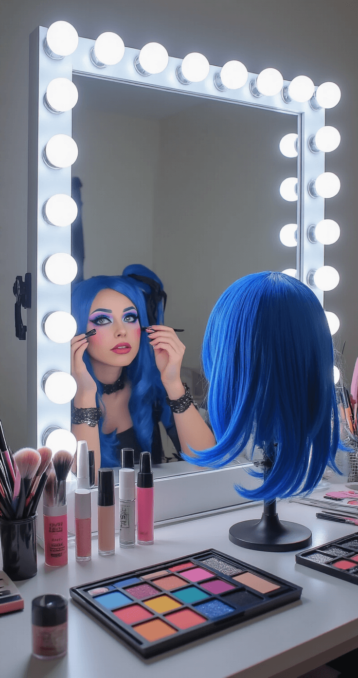 The Ultimate Guide to Anime Cosplay: From Beginner to Pro A cosplayer applying makeup at a vanity mirror surrounded by organized cosplay makeup essentials, including false eyelashes and colorful contacts, with a vibrant blue wig on a stand nearby.
