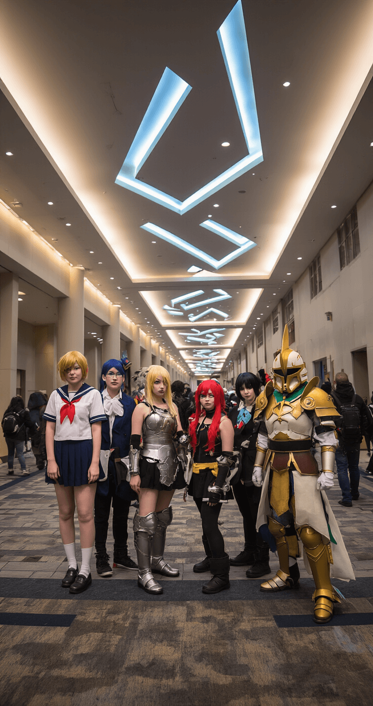 The Ultimate Guide to Anime Cosplay: From Beginner to Pro A vibrant convention center hallway filled with cosplayers showcasing a variety of anime costumes, ranging from simple school uniforms to intricate armor sets, highlighting diverse craftsmanship, wig styling, and makeup details under dramatic architectural lighting.