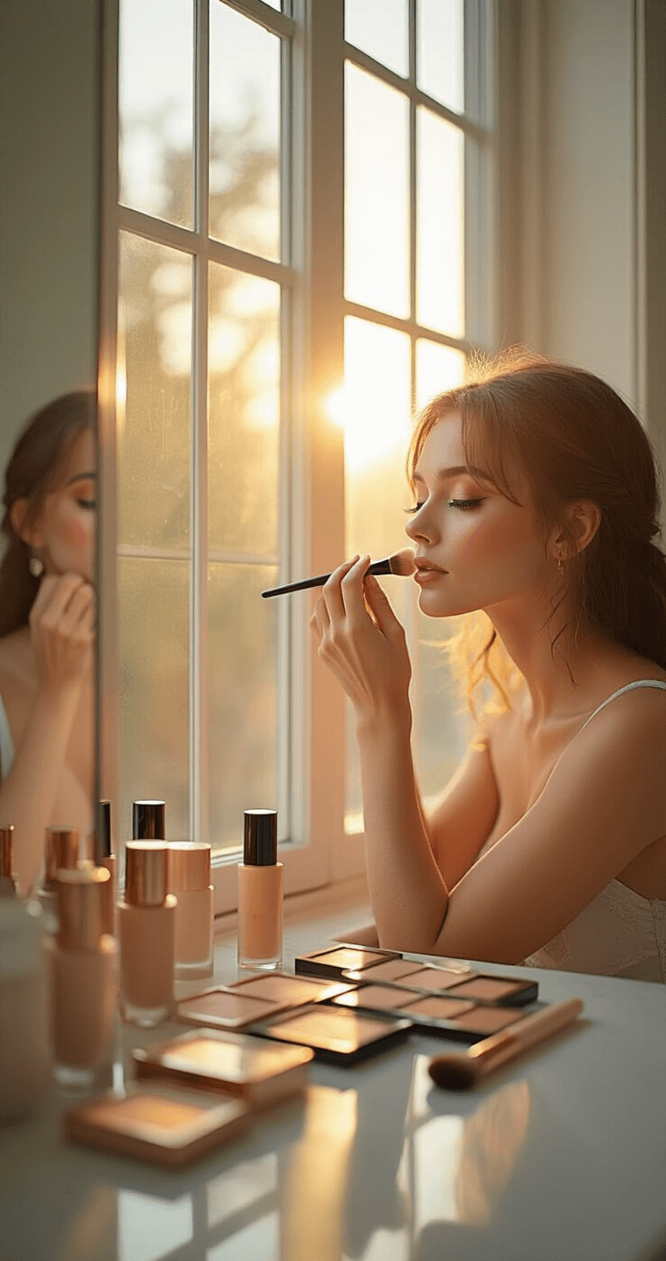 The Ultimate Guide to Cosplay Makeup: Transform Into Your Favorite Character A cosplayer in a modern bathroom applies foundation in golden hour light, with various foundation shades and color-correcting products visible, showcasing a close-up of their smooth application technique.
