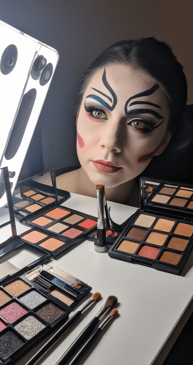 The Ultimate Guide to Cosplay Makeup: Transform Into Your Favorite Character A dramatic studio setup showcases a cosplay makeup transformation in progress, highlighting intricate contouring and sharp anime-style features, with cool-toned shadows and highlights. The professional makeup station is neatly organized with contour palettes, highlighting products, and precision brushes.