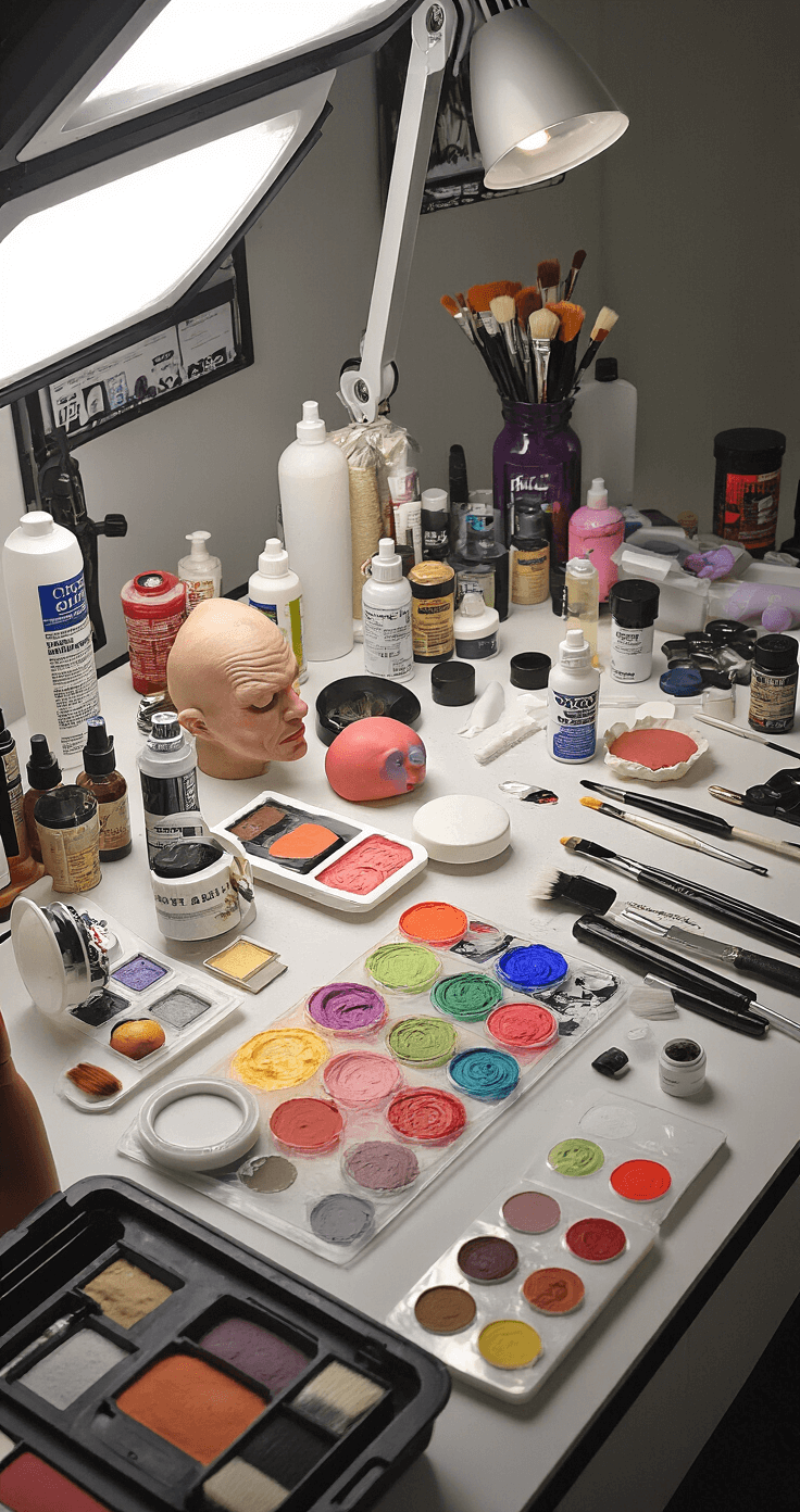 The Ultimate Guide to Cosplay Makeup: Transform Into Your Favorite Character A well-organized special effects makeup workspace showcasing professional body paints, prosthetics, and tools, illuminated by bright clinical lighting, with various texture samples, adhesives, and brushes in a vibrant array of colors.