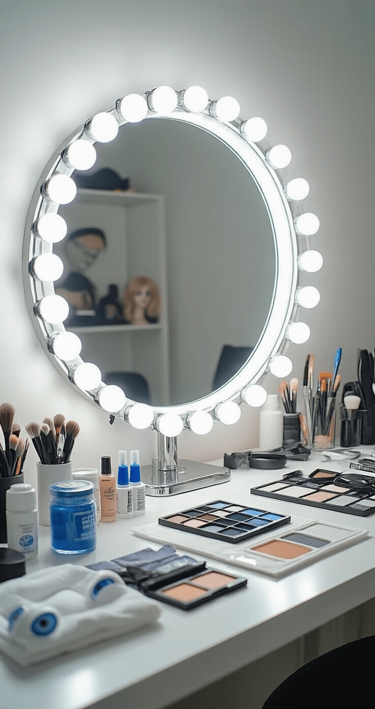 The Ultimate Guide to Nailing Your Gojo Satoru Cosplay Cosplay prep space featuring a well-lit makeup station with a ring light mirror, showcasing high-quality makeup application, blue contact lenses in solution, wig styling tools, and neatly arranged costume pieces on clean white surfaces.