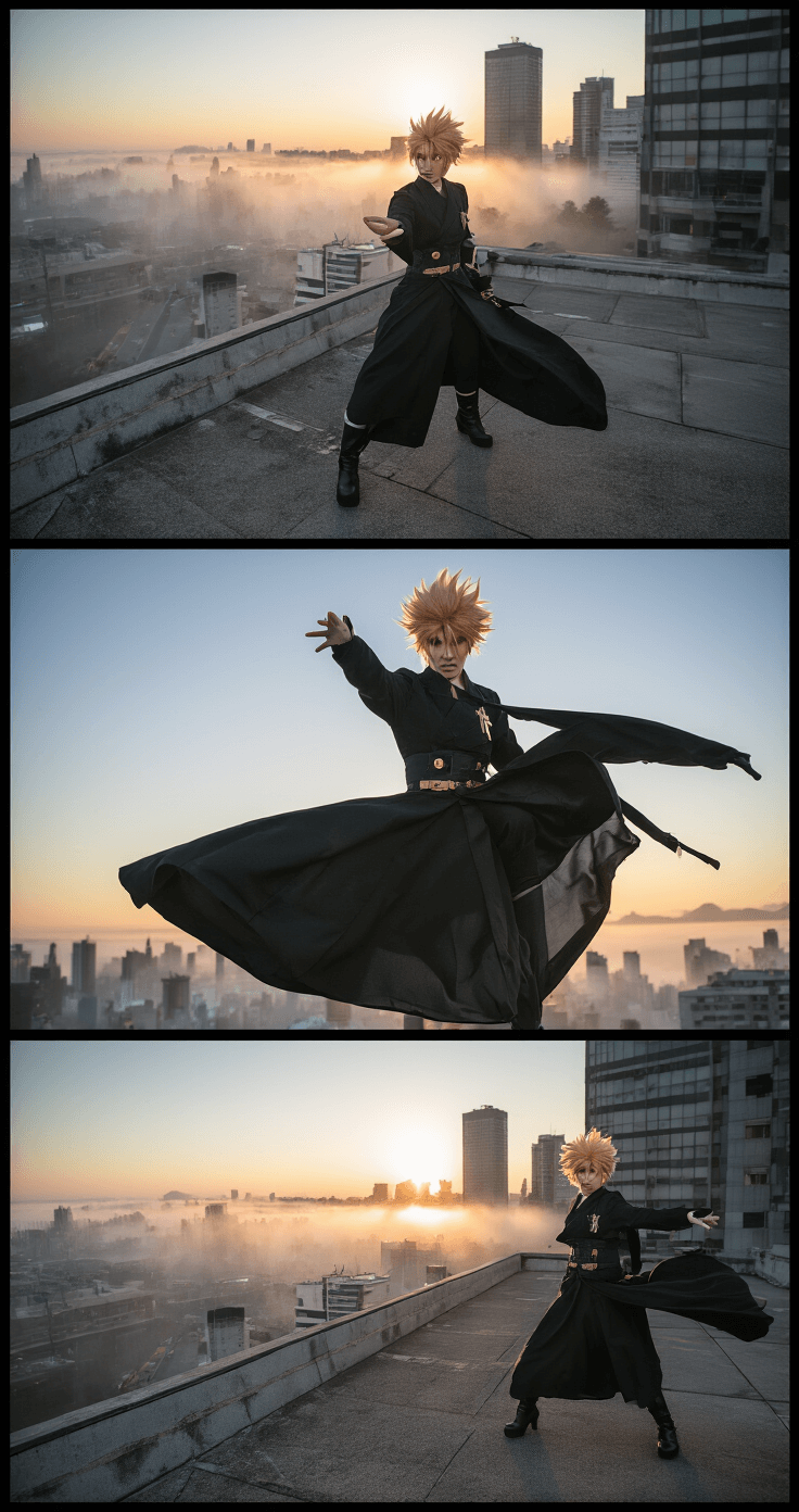 The Ultimate Guide to Nailing Your Gojo Satoru Cosplay A cosplayer in full Gojo attire strikes dynamic poses on a modern rooftop at dawn, with a misty cityscape in the background. The flowing fabric of the uniform and styled wig capture the morning light, while sleek black boots contrast with the concrete surface, framed by urban elements that highlight the character's powerful presence.