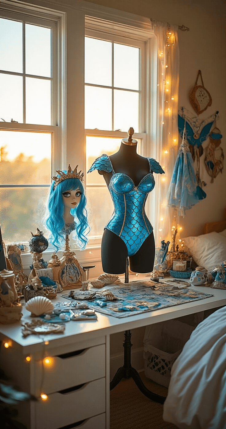 Monster High Cosplay: Transform into Your Favorite Character Golden hour sunlight filters through large windows into a cozy bedroom, highlighting a cosplay workspace featuring a dress form dressed in a Lagoona Blue-inspired bodysuit, surrounded by a seashell crown, iridescent wig, and handcrafted props, all accented by warm fairy lights.