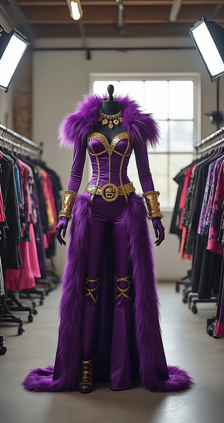 Monster High Cosplay: Transform into Your Favorite Character A modern fashion studio with industrial decor, showcasing organized clothing racks filled with Monster High character costumes. A spotlight illuminates a premium Clawdeen Wolf costume featuring rich purple fabrics, faux fur, and golden accessories, while professional camera equipment and softboxes enhance the documentation lighting.