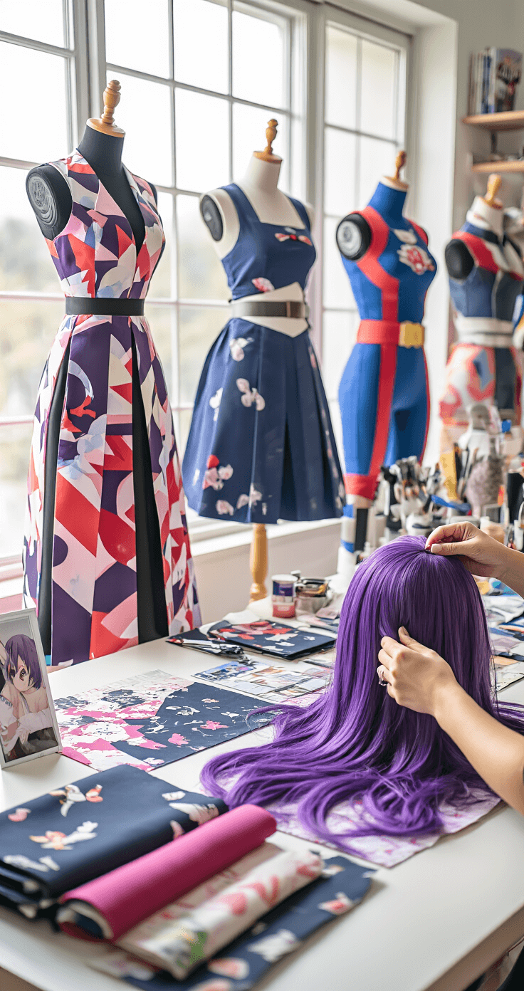 Ultimate Guide to Anime Cosplay: From Beginner to Convention-Ready A vibrant cosplay workshop filled with anime costumes on dress forms, featuring a Demon Slayer uniform and My Hero Academia suit. Natural light floods the space, highlighting fabric swatches, pattern pieces, and sewing supplies. In the foreground, hands style a purple wig on a mannequin with professional tools and reference photos, showcasing a creative and organized atmosphere.
