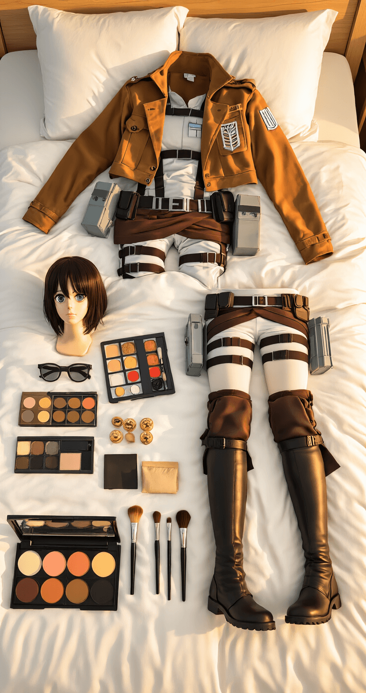 Ultimate Guide to Anime Cosplay: From Beginner to Convention-Ready A modern bedroom during golden hour featuring a neatly arranged Survey Corps cosplay outfit on a white bedspread, including a 3DMG harness, boots, and jacket, alongside an organized flat-lay of wigs, makeup palettes, and props, all illuminated by warm sunlight.