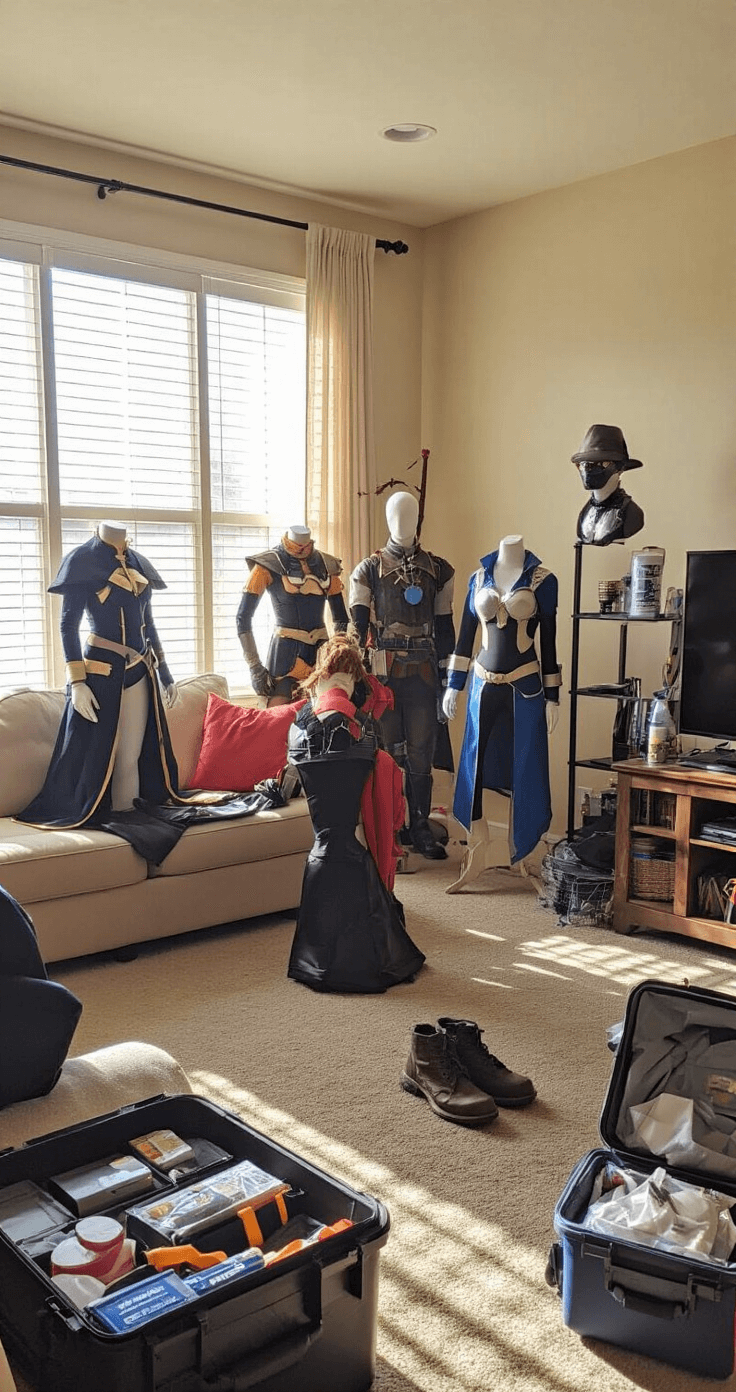 Ultimate Guide to Anime Cosplay: From Beginner to Convention-Ready A spacious living room illuminated by morning light features several completed costumes on mannequins, an emergency repair kit, comfortable shoes, and convention survival supplies nearby. A cosplayer is testing movement in a new outfit, ensuring range of motion and comfort, while props and accessories are neatly stored in protective cases.