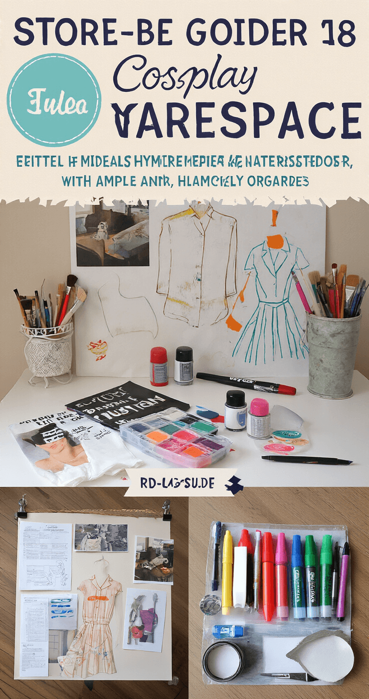 Ultimate Guide to Anime Cosplay: From Beginner to Convention-Ready A creative budget-friendly cosplay workspace filled with upcycled materials, fabric paint, and markers, illuminated by afternoon light. Basic clothing items are being transformed on a well-organized workstation, featuring a mood board with reference images and tutorial printouts, alongside neatly labeled containers of cost-effective supplies and tools.