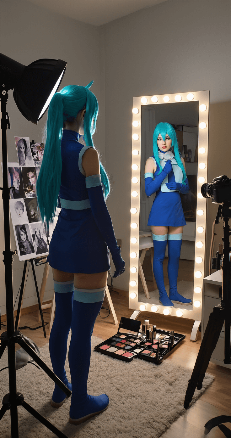 Ultimate Guide to Anime Cosplay: From Beginner to Convention-Ready Cosplayer in a modern apartment adjusting their Momo Ayase costume in front of a full-length mirror, illuminated by soft lamp light creating dramatic shadows. A professional camera captures test shots nearby, while a detailed mood board and an organized vanity with makeup products and styling tools complete the scene.