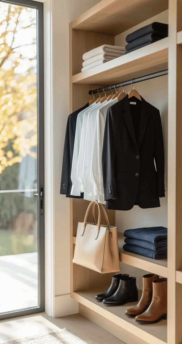 MASTERING SEASONAL FASHION: YOUR GUIDE TO YEAR-ROUND STYLE A sunlit minimalist walk-in closet showcasing a black blazer, white tees, dark-wash denim, brown leather boots, and a beige tote, all brilliantly lit by natural light through large windows.