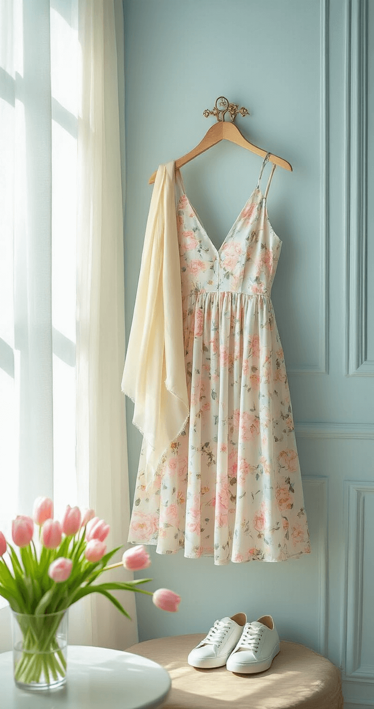 MASTERING SEASONAL FASHION: YOUR GUIDE TO YEAR-ROUND STYLE A pastel floral midi dress, cream silk scarf, and white leather sneakers hang in a Parisian-style apartment with sheer curtains billowing in the morning light, while fresh tulips in a crystal vase add a touch of spring to the pale blue walls.