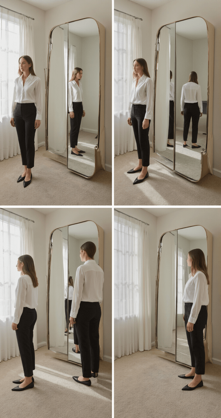MASTERING SEASONAL FASHION: YOUR GUIDE TO YEAR-ROUND STYLE A modern dressing room features a model assessing fit in slim black pants and a white silk button-down, showcased through full-length mirrors. Natural light and soft interior lighting enhance the scene, which captures the outfit's proportions and flattering silhouette from multiple angles.