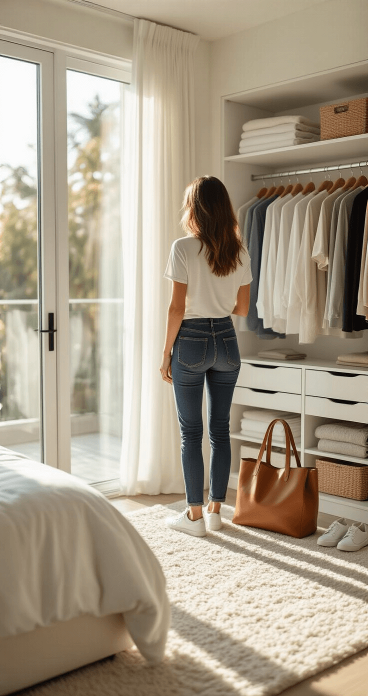 The Ultimate Guide to Casual Chic: How to Look Effortlessly Stylish Every Day A fashion-forward woman styles dark wash denim and a white t-shirt in a sunlit minimalist white bedroom with a capsule wardrobe, showcasing organized neutral-toned basics and accessories on a plush cream carpet.