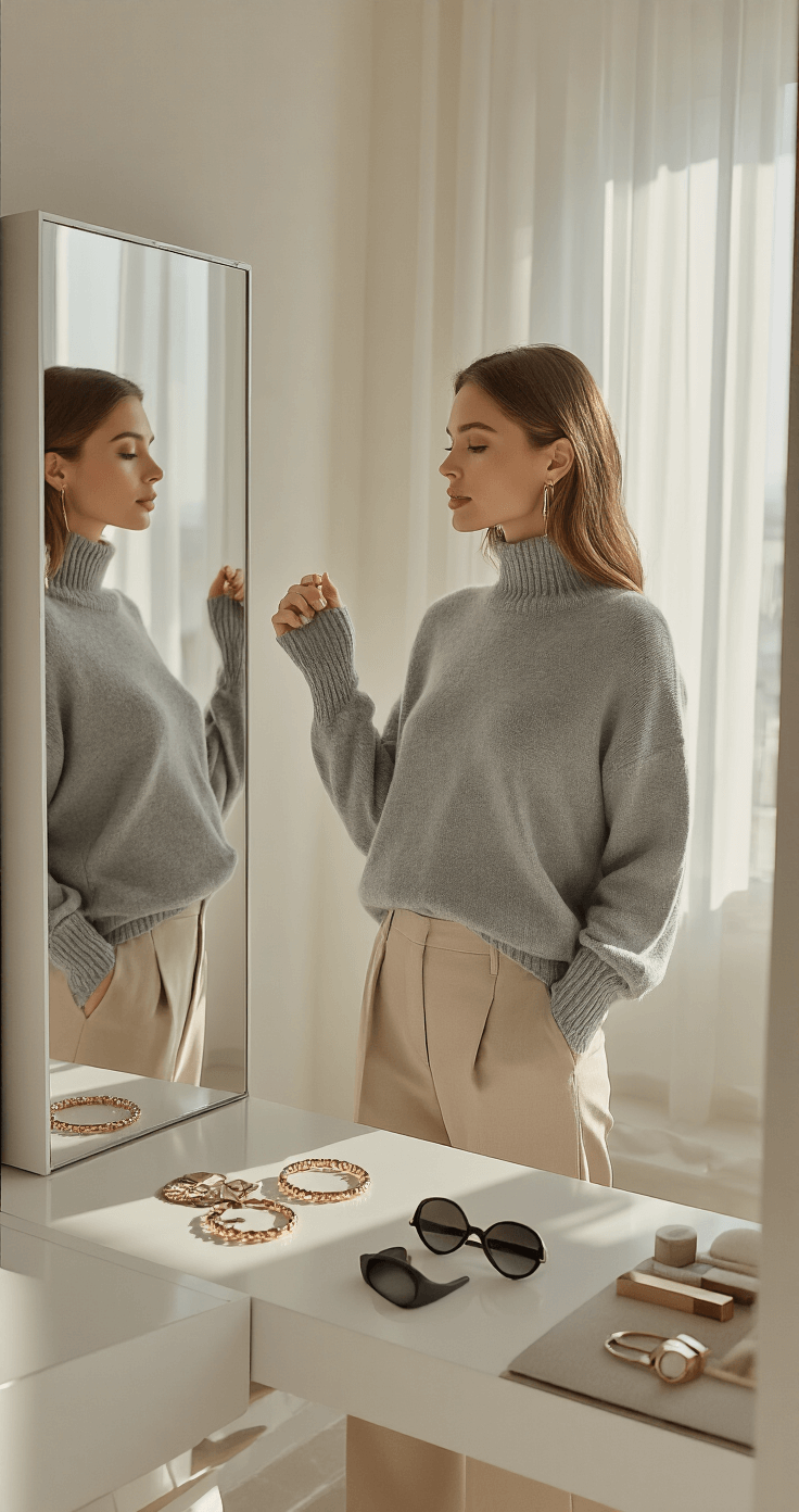 The Ultimate Guide to Casual Chic: How to Look Effortlessly Stylish Every Day A woman models a grey cashmere sweater and tailored beige trousers in a modern living room, illuminated by midday light, with her reflection visible in a full-length mirror; minimalist jewelry and sunglasses adorn a sleek vanity, framed by neutral home decor elements.