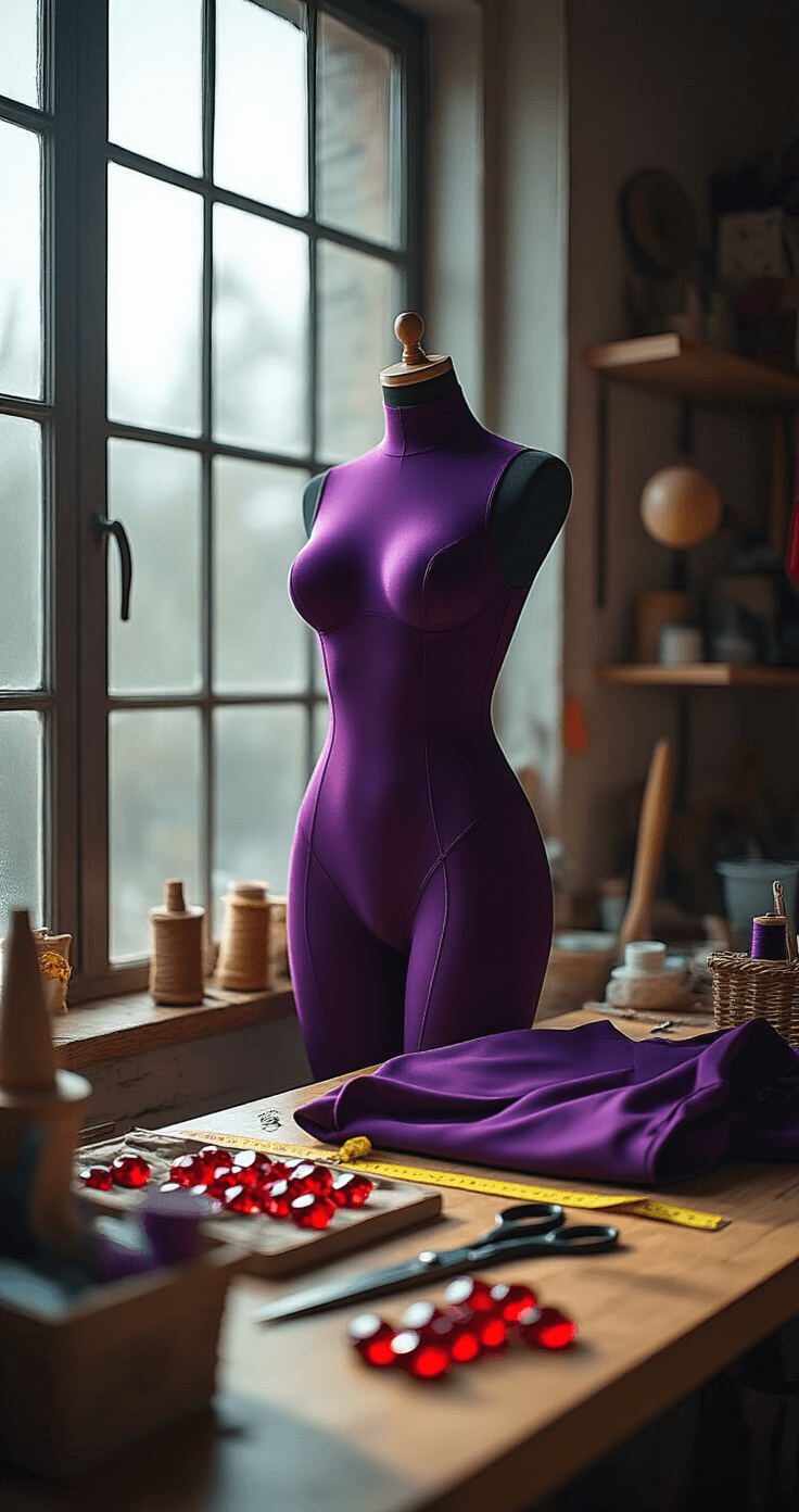 Creating a Raven Teen Titans Cosplay (That Actually Looks Amazing!) A bright cosplay workshop featuring a dark purple bodysuit on a dress form, surrounded by sewing supplies and red acrylic gems, with natural light illuminating the textures and details of the materials.