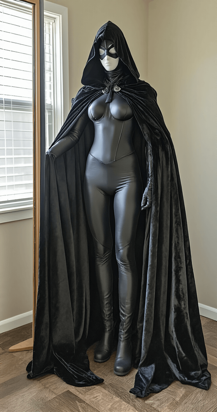 Creating a Raven Teen Titans Cosplay (That Actually Looks Amazing!) A full-length mirror reflects a completed Raven cosplay in a costume fitting room, featuring a shiny bodysuit and a velvet cape arranged dramatically. Natural window light and soft artificial lighting enhance the textures of the costume in the creative space.