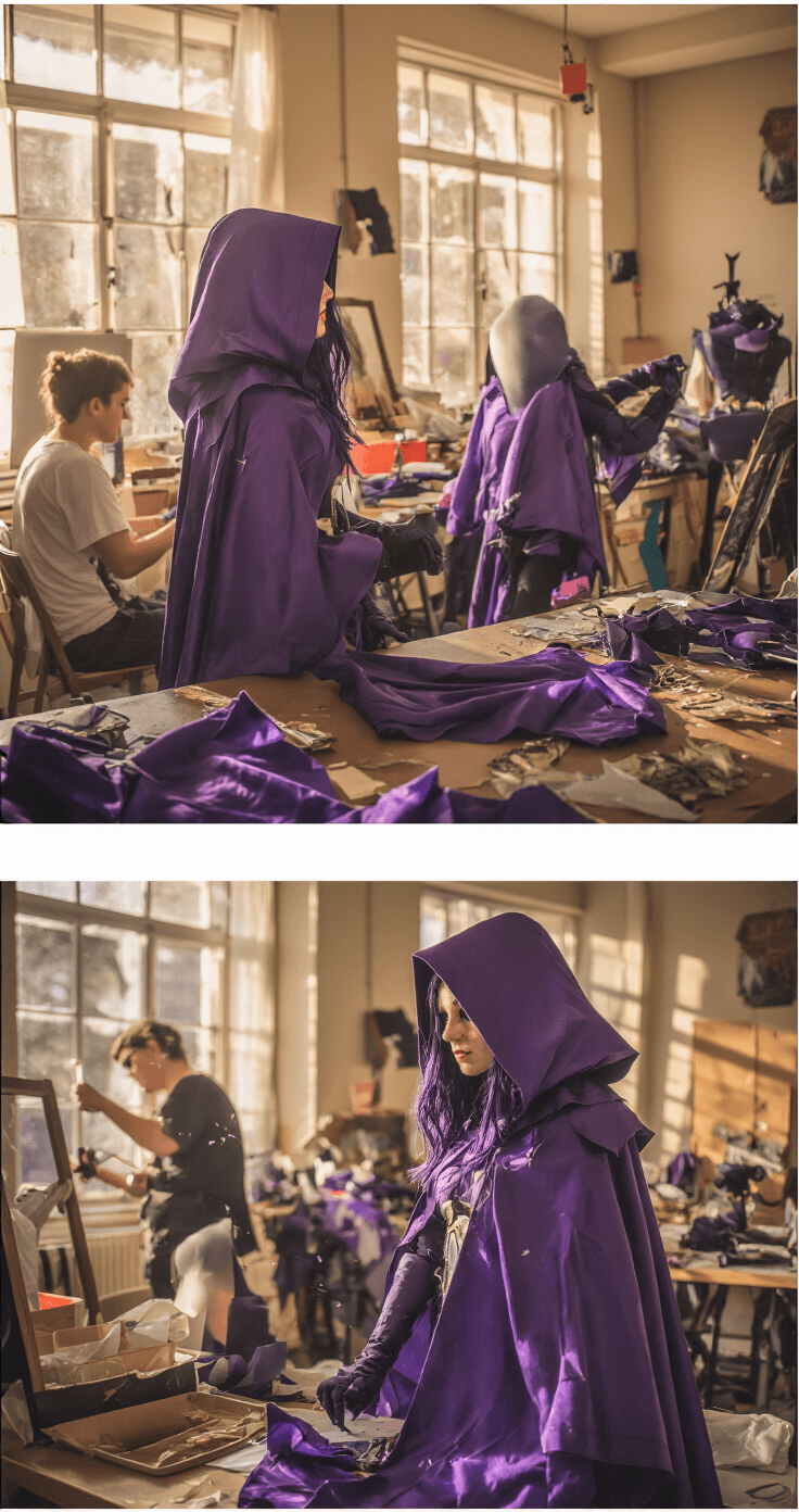 Creating a Raven Teen Titans Cosplay (That Actually Looks Amazing!) A behind-the-scenes view of a cosplay workshop, featuring several workstations where various stages of a Raven costume are being created. Warm afternoon light pours through the windows, illuminating swirling fabric particles and enhancing the atmospheric feel of the creative process.