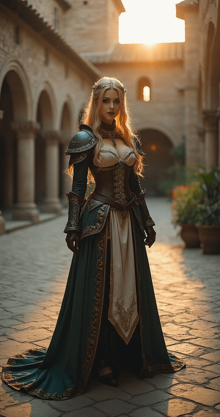 Ultimate Women's Cosplay: From Casual to Epic Character Transformations A fully-transformed cosplayer in an elaborate costume poses in an outdoor courtyard at golden hour, with medieval architecture in the background. The scene highlights dynamic poses and intricate costume details, enhanced by natural light and dramatic shadows, while professional photography equipment is set up to capture the moment.
