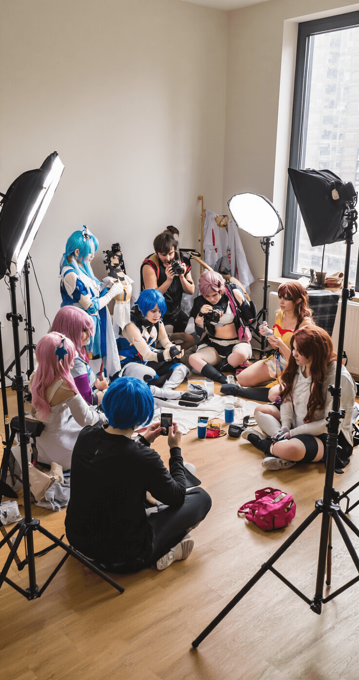 Ultimate Women's Cosplay: From Casual to Epic Character Transformations A cozy contemporary apartment filled with natural light, featuring cosplayers working together on costume adjustments and photo techniques, utilizing portable lighting and backdrops, while capturing behind-the-scenes moments with phones and cameras, highlighting a sense of community and collaboration.