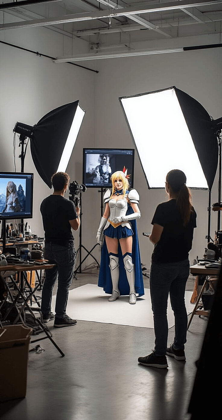 Ultimate Women's Cosplay: From Casual to Epic Character Transformations A minimalist photo studio set up for cosplay photography, featuring a photographer guiding a cosplayer in character poses, assistants adjusting lighting, multiple screens showing reference images, and a costume touch-up station with makeup supplies.