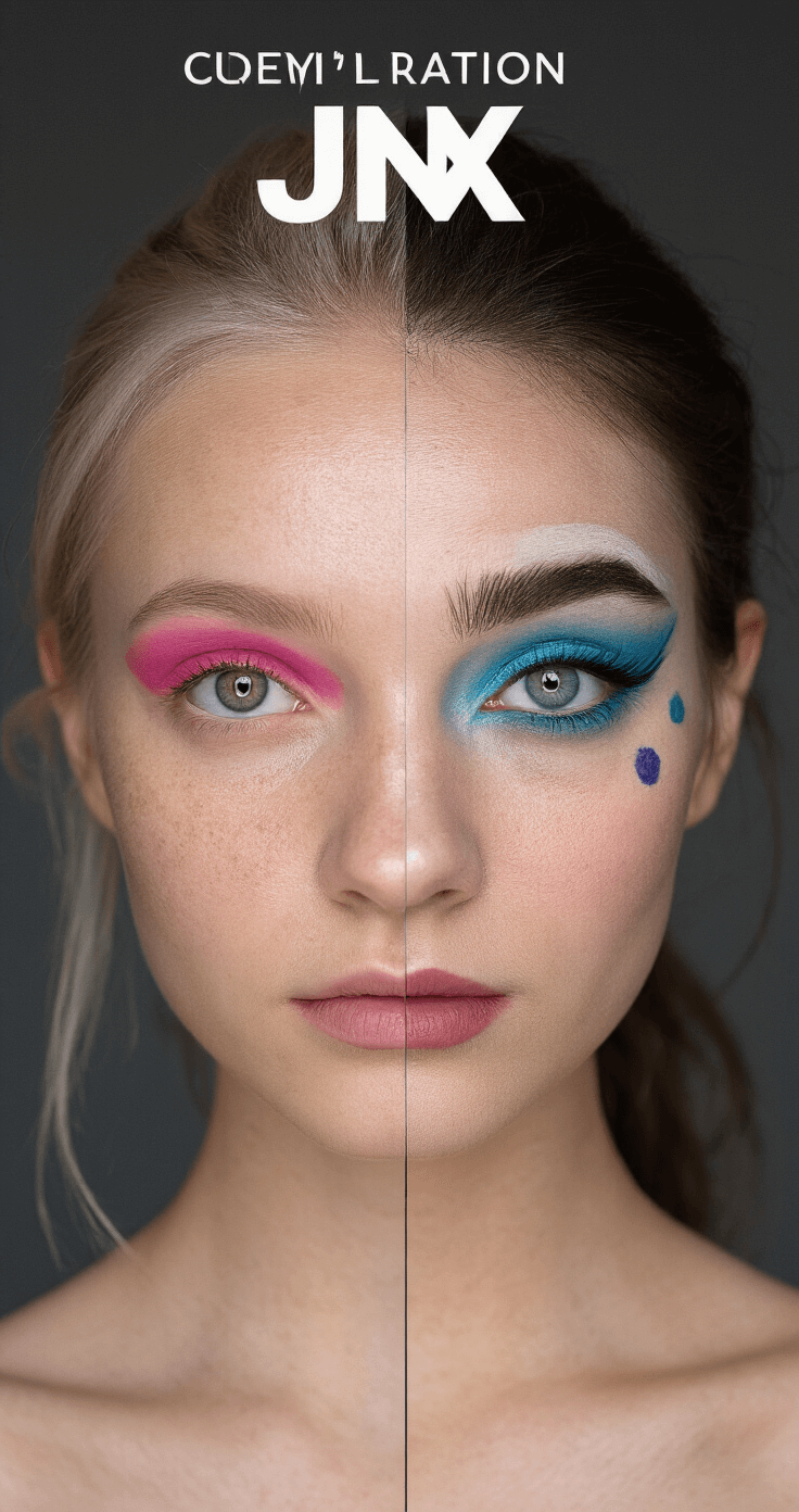 How to Create a Perfect Jinx Cosplay: A Complete DIY Guide A split-screen image showing a bare-faced model on the left and a Jinx transformation on the right, featuring pink eyes, blue brows, and face paint, captured in a well-lit makeup studio with clear emphasis on skin texture and makeup details.