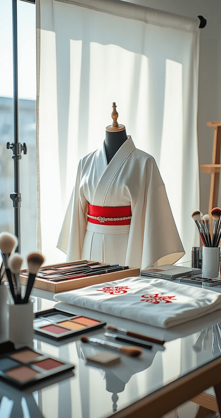 The Ultimate Guide to Creating a Perfect Sukuna Cosplay A photography studio with a white backdrop showcasing a cosplayer's workspace. A white kimono on a wooden mannequin, professional makeup tools, and red eyeliner arranged on a glass table, illuminated by natural light from large windows.