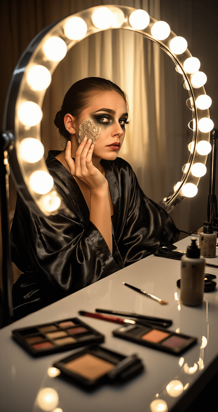 The Ultimate Guide to Creating a Spine-Chilling Tomie Cosplay Close-up of a young woman in a dimly lit makeup studio, applying special effects makeup with a prosthetic piece on her face, dressed in a silky black robe. The scene features a professional vanity mirror illuminated by warm LED lights, with makeup tools and SFX supplies on a glossy white counter, while golden hour light filters through sheer curtains.