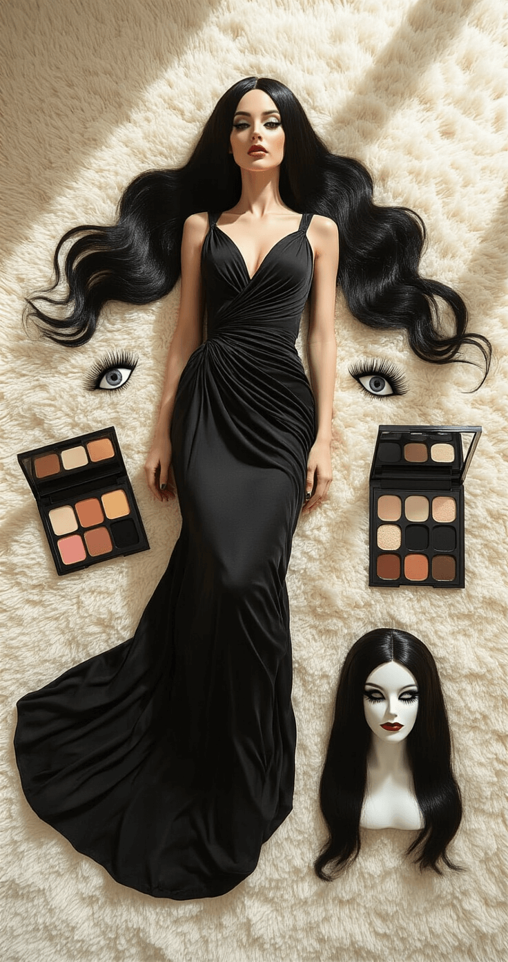 The Ultimate Guide to Creating a Spine-Chilling Tomie Cosplay Overhead flat lay of a plush cream carpet featuring a flowing black designer dress, a premium long black wig, white contact lenses in a case, a high-end SFX makeup palette, and ultra-dramatic false lashes, all illuminated by natural window light.