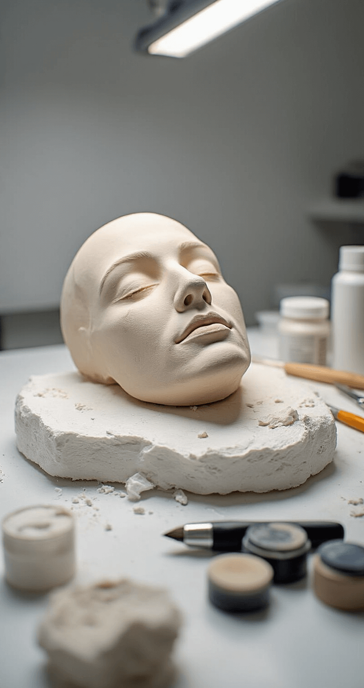 The Ultimate Guide to Creating a Spine-Chilling Tomie Cosplay Clinical workspace for prosthetic creation featuring a clean white surface with plaster casting materials, sculpting tools, and painting supplies, alongside a half-finished face prosthetic on a foam head, illuminated by bright studio lighting that highlights intricate details.