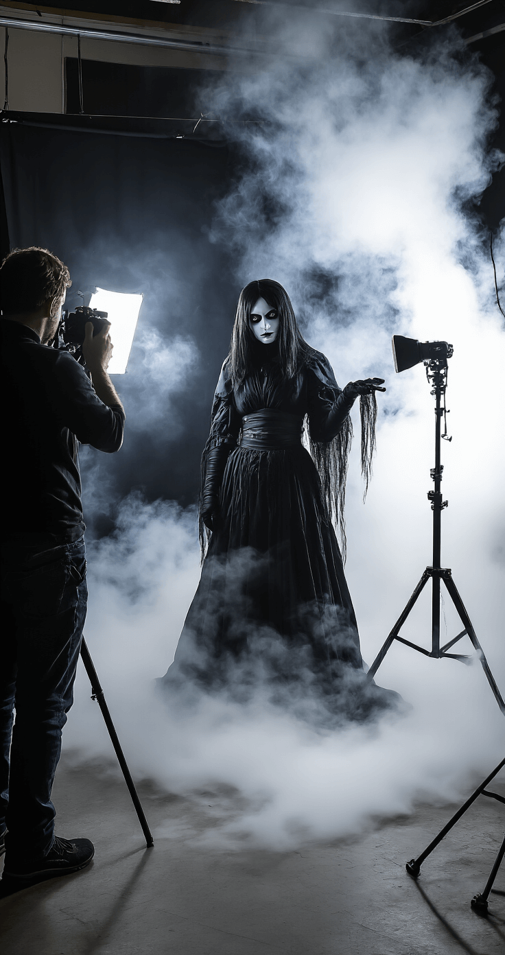 The Ultimate Guide to Creating a Spine-Chilling Tomie Cosplay Atmospheric portrait session in a professional studio featuring a model in a Tomie costume against a black backdrop, dramatic rim lighting, and smoke effects, with a photographer adjusting lights and behind-the-scenes equipment blurred in the background.