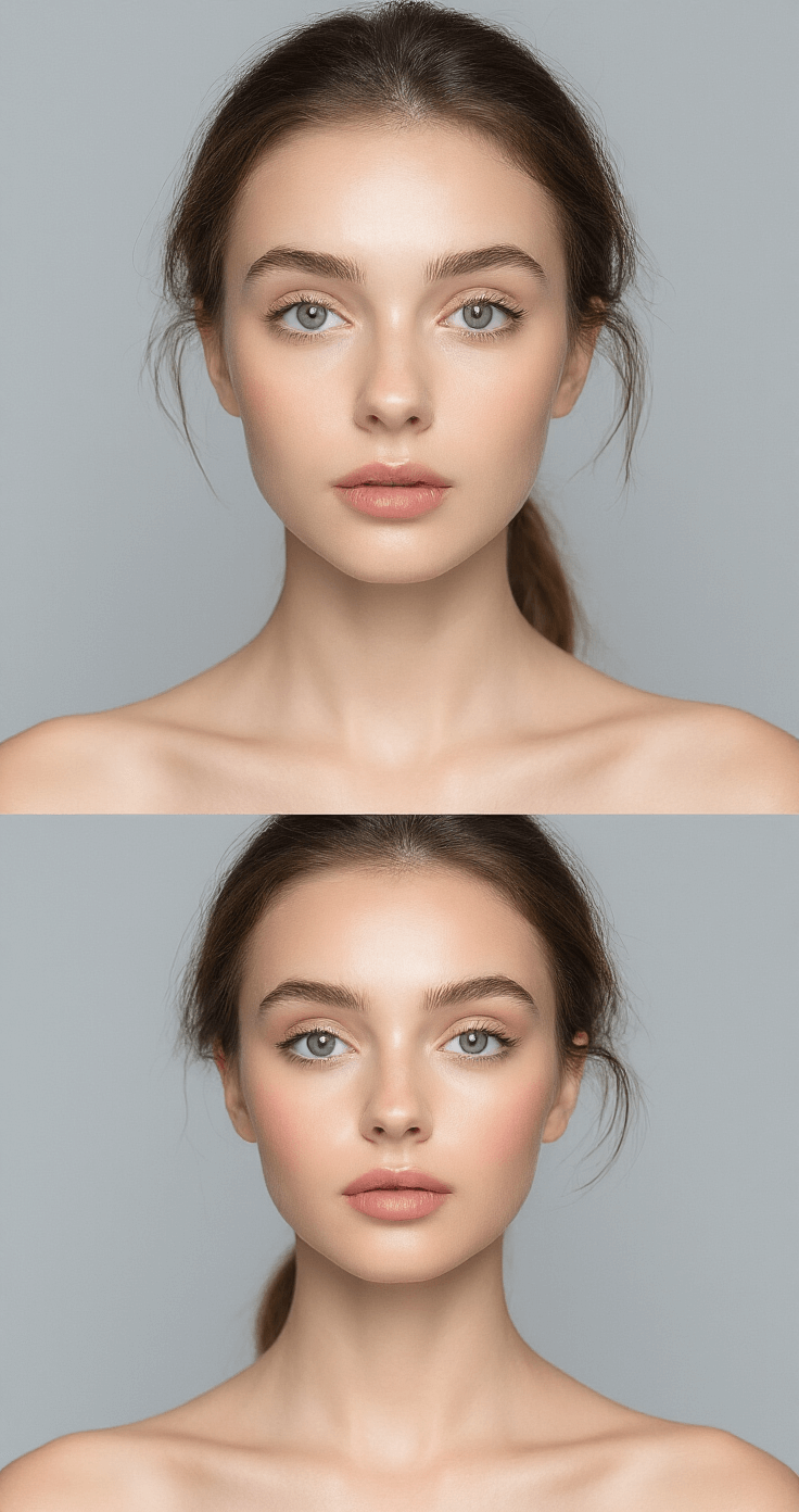 The Ultimate Guide to Creating a Spine-Chilling Tomie Cosplay Three-phase makeup transformation sequence: clean face, base makeup, and final look side-by-side, all displayed in matching poses against a neutral grey backdrop, with professional beauty lighting highlighting the progression, shot with a portrait lens.