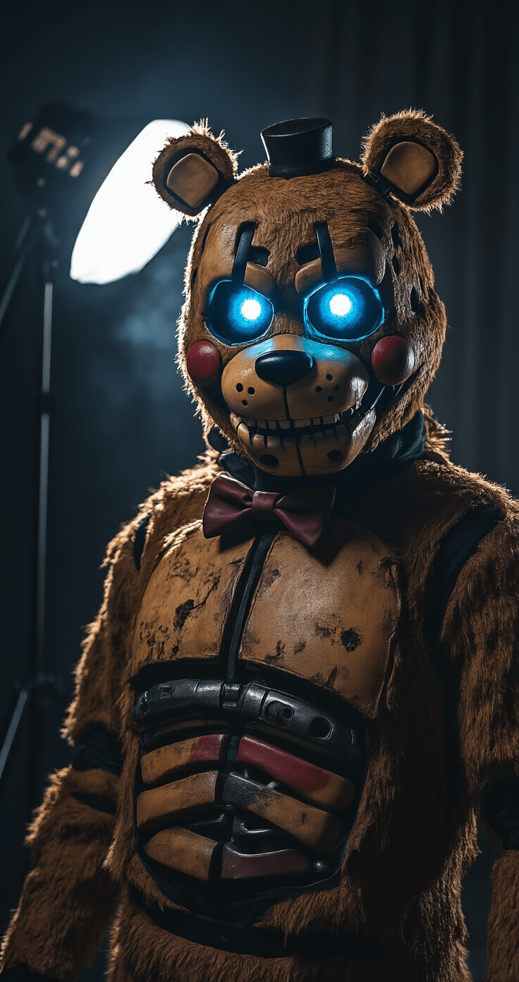 FNAF Cosplay: Your Ultimate Guide to Becoming an Animatronic Legend A dimly lit photography studio showcases a cosplayer wearing an intricately detailed Freddy Fazbear costume, featuring expertly weathered fabric textures, glowing blue LED eyes, and dramatic shadows. A fog machine enhances the atmosphere as the cosplayer strikes a menacing pose, with a focus on the ultra-realistic fur and metallic endoskeleton details captured in shallow depth of field.