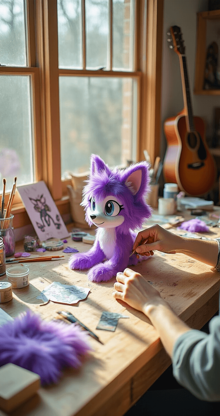 FNAF Cosplay: Your Ultimate Guide to Becoming an Animatronic Legend Close-up of hands crafting Bonnie's head from purple faux fur and EVA foam in a well-lit workspace, with tools, patterns, and reference images on a wooden table, paint supplies, and a half-finished guitar prop visible in the background.