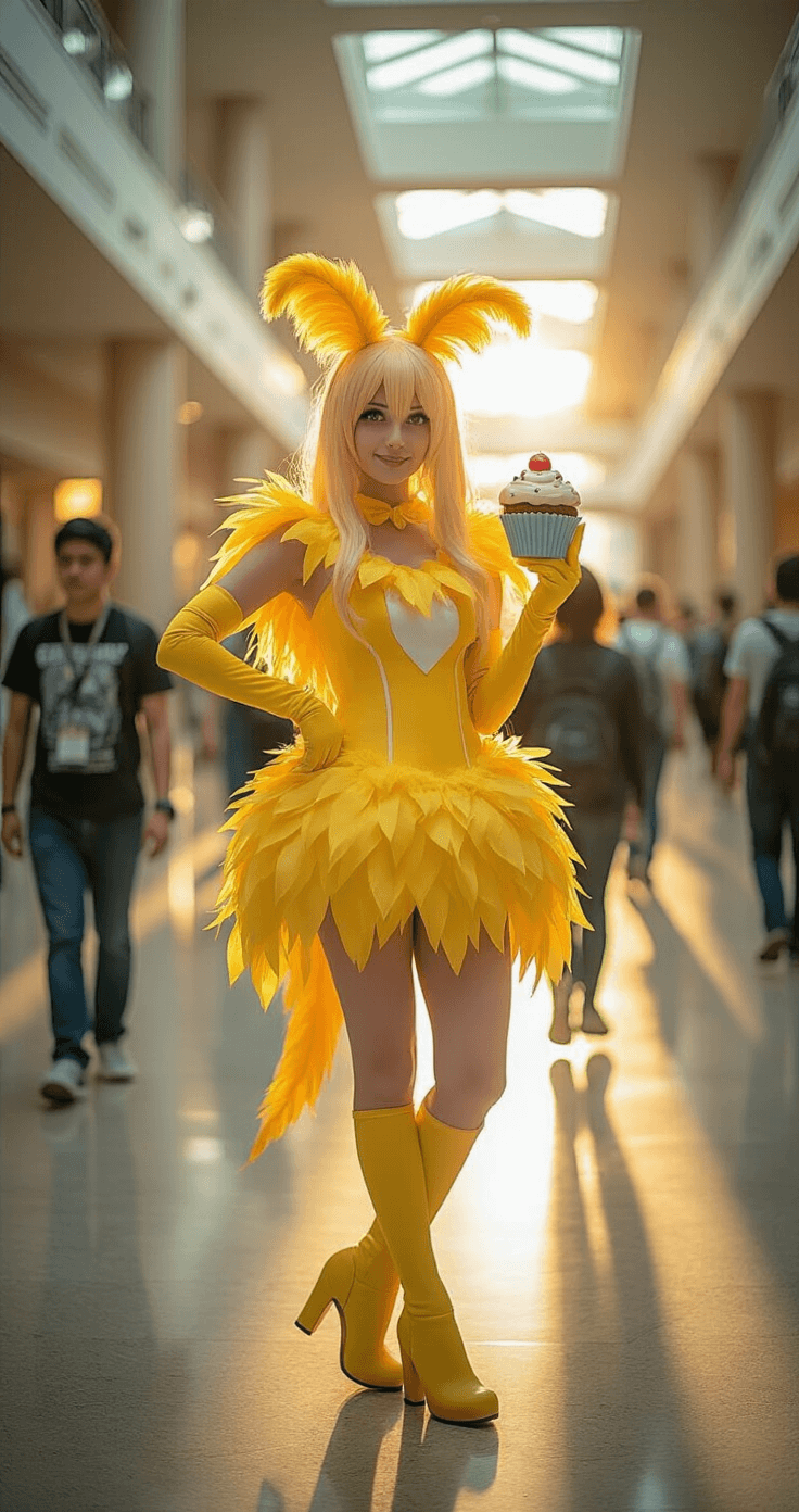 FNAF Cosplay: Your Ultimate Guide to Becoming an Animatronic Legend A full-body shot of a Chica cosplayer in a detailed yellow feathered costume, holding a cupcake prop, set in a convention center hallway during golden hour, with warm light illuminating the scene and other convention-goers blurred in the background.