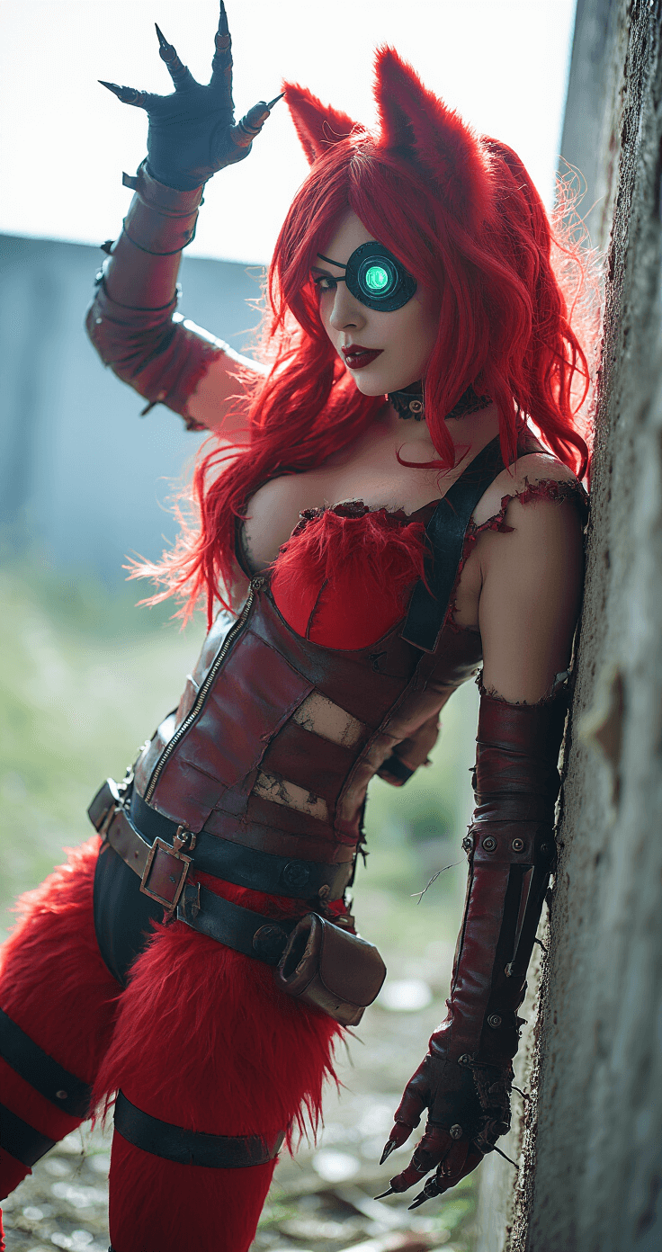 FNAF Cosplay: Your Ultimate Guide to Becoming an Animatronic Legend A foxy cosplayer with tattered red fur and costume pieces emerges from the shadows of an abandoned warehouse, raising a hook hand. An LED eye glows through an eyepatch, emphasizing mechanical details. Dramatic side lighting casts a moody atmosphere, enhancing the scene's intensity in portrait orientation with an upward angle.